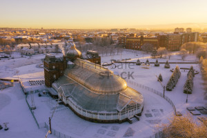 Glasgow Green in the snow at sunrise - Peoples Palace and Templeton Building